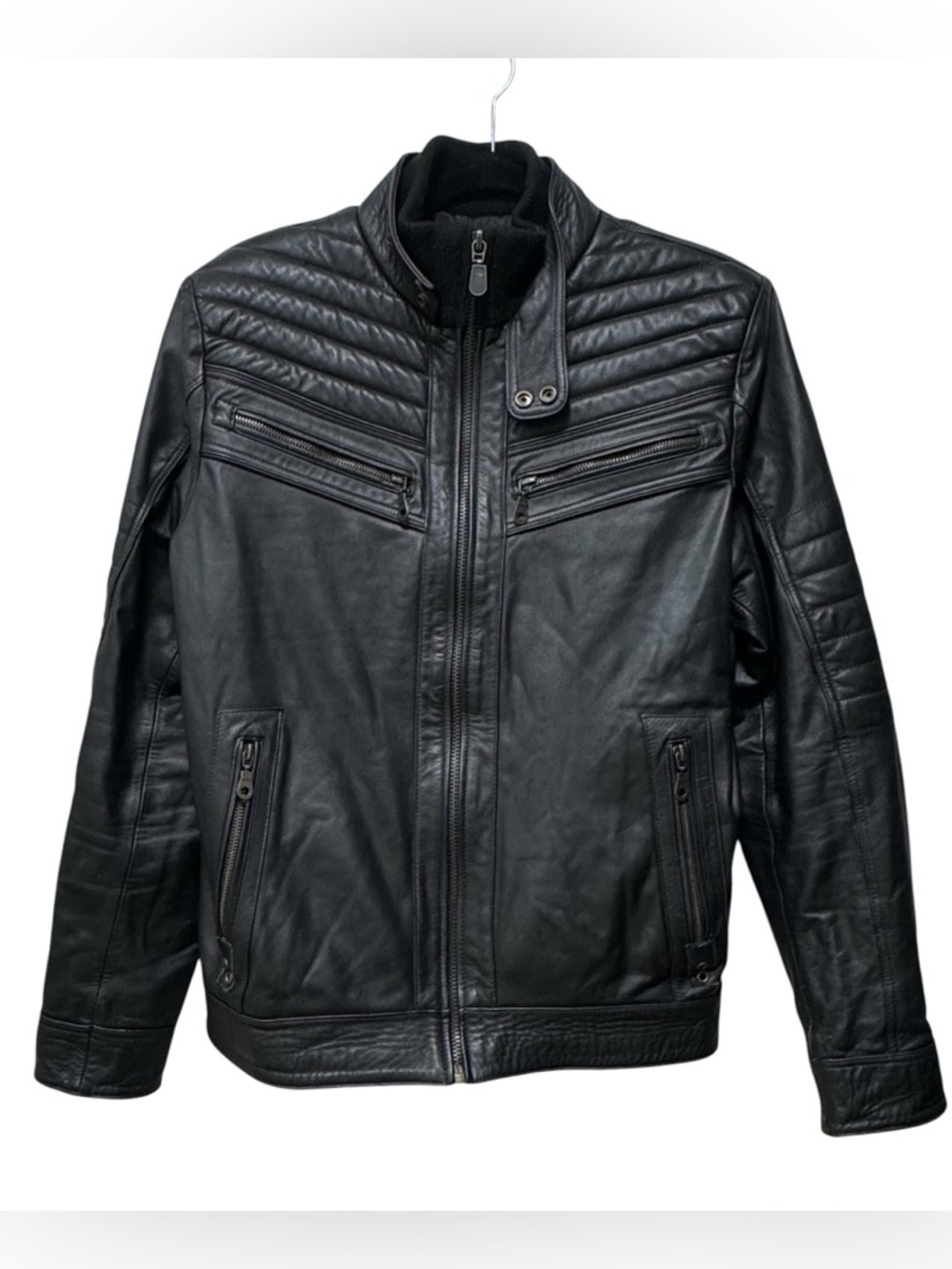 Jhonatony Men’s 40/S Black Leather Slim Fit Biker Motorcycle Jacket Bomber